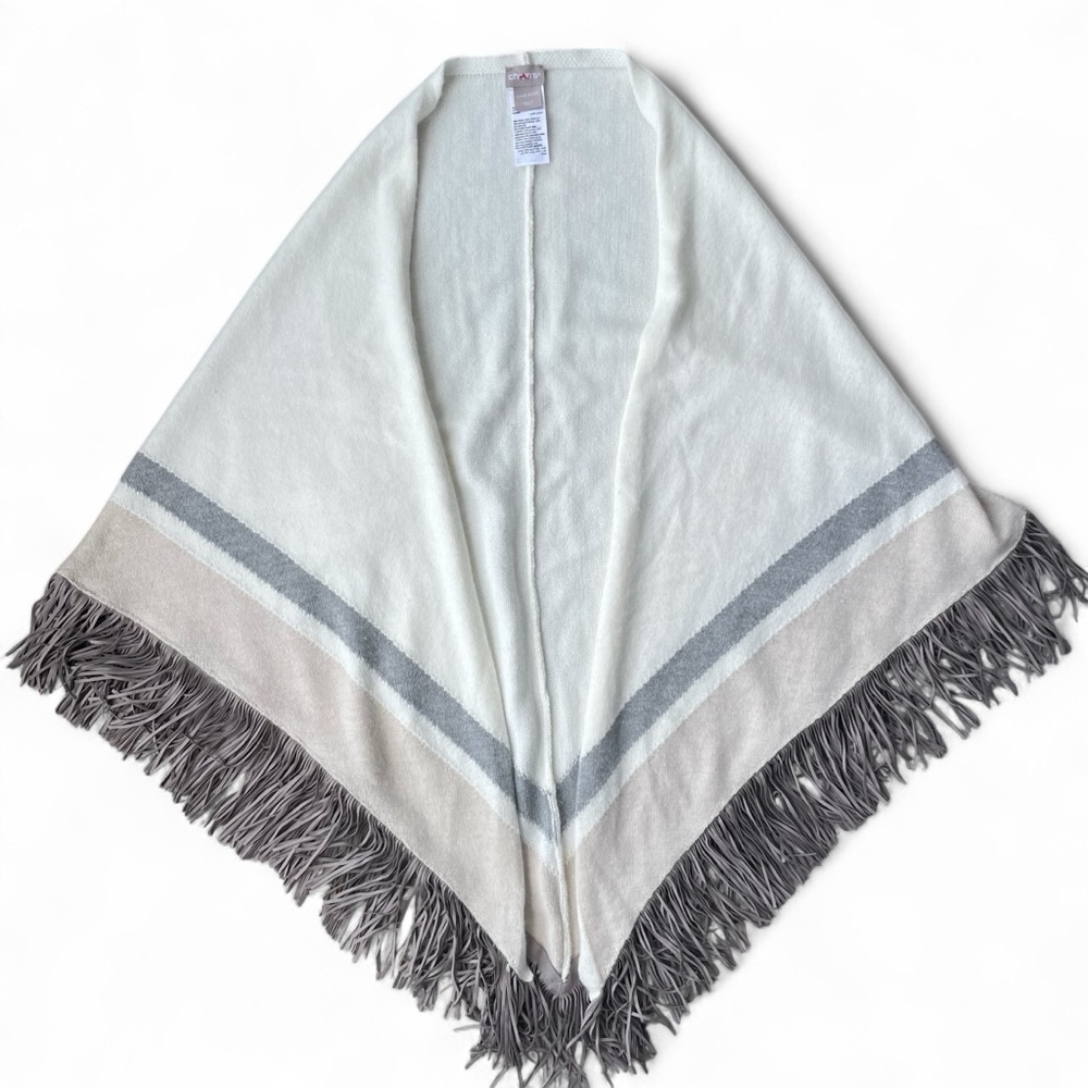 Chicos Shawl Wrap Faux Suede Fringe White Tan Gray Stripe